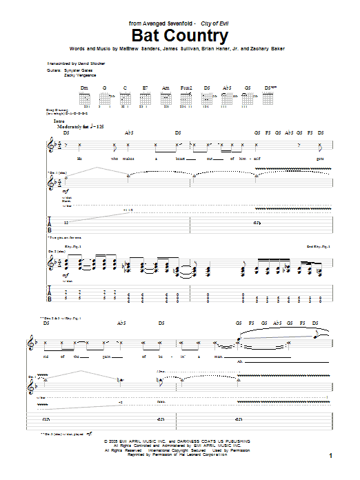 Avenged Sevenfold Bat Country sheet music notes and chords arranged for Bass Guitar Tab