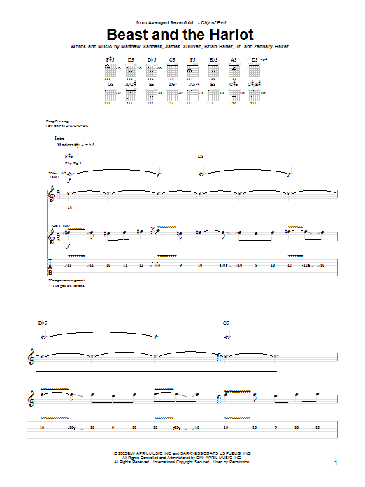 Avenged Sevenfold Beast And The Harlot sheet music notes and chords arranged for Guitar Tab (Single Guitar)