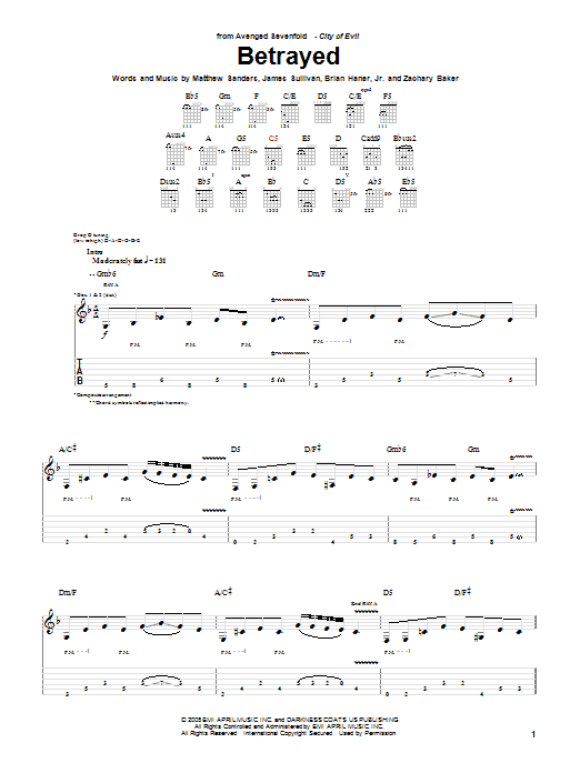 Avenged Sevenfold Betrayed sheet music notes and chords arranged for Guitar Tab
