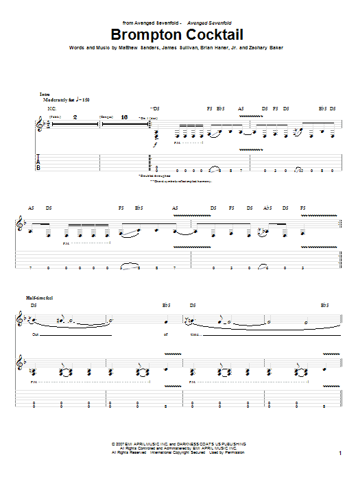 Avenged Sevenfold Brompton Cocktail sheet music notes and chords arranged for Guitar Tab