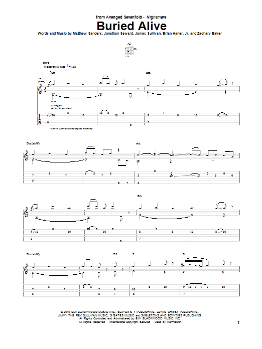 Avenged Sevenfold Buried Alive sheet music notes and chords arranged for Bass Guitar Tab