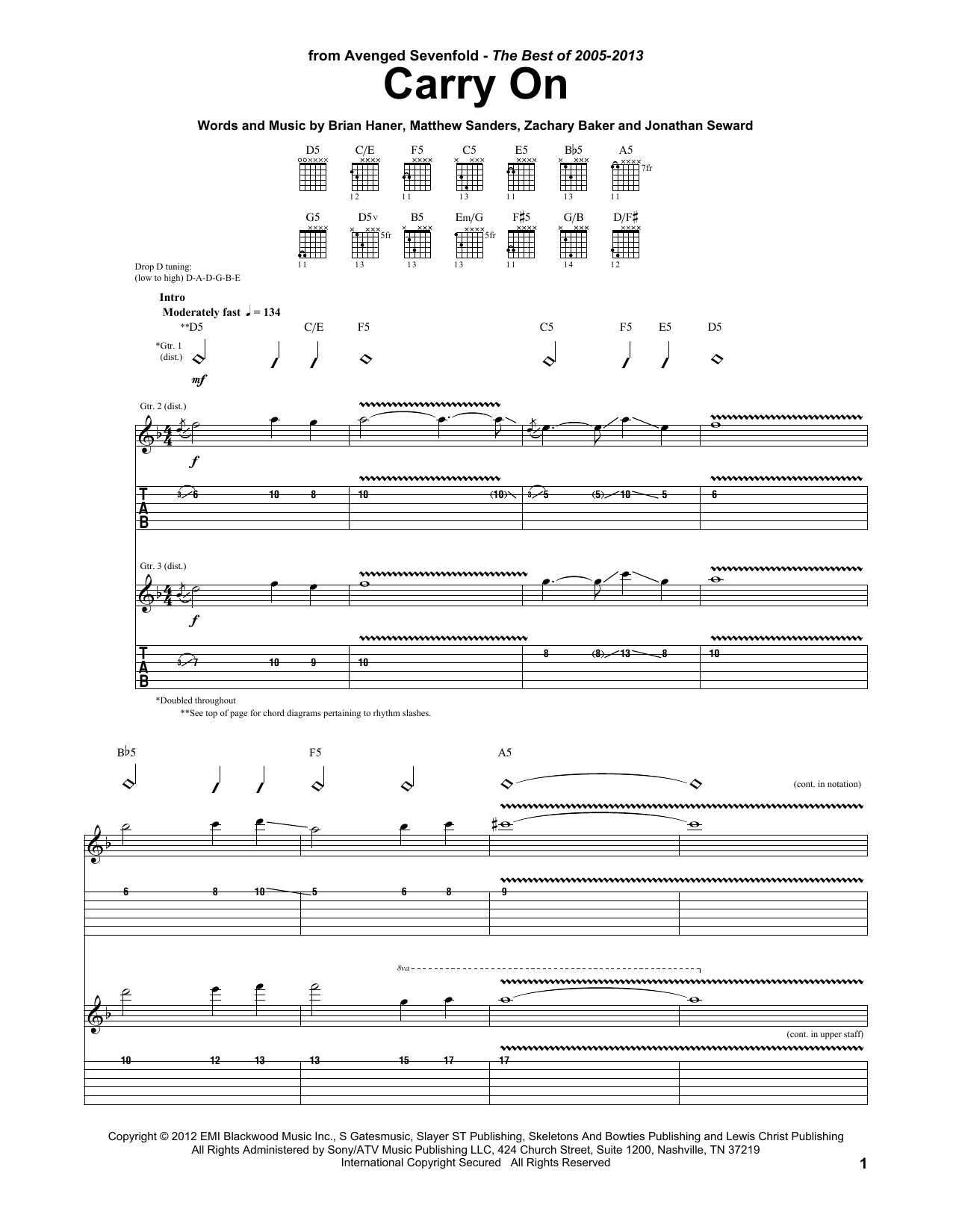 Avenged Sevenfold Carry On sheet music notes and chords arranged for Guitar Tab