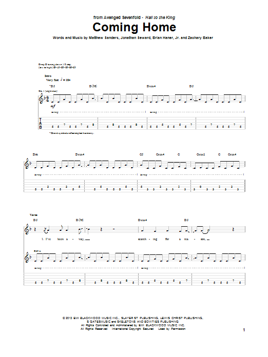 Avenged Sevenfold Coming Home sheet music notes and chords arranged for Guitar Tab