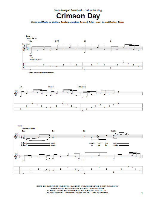 Avenged Sevenfold Crimson Day sheet music notes and chords arranged for Guitar Tab