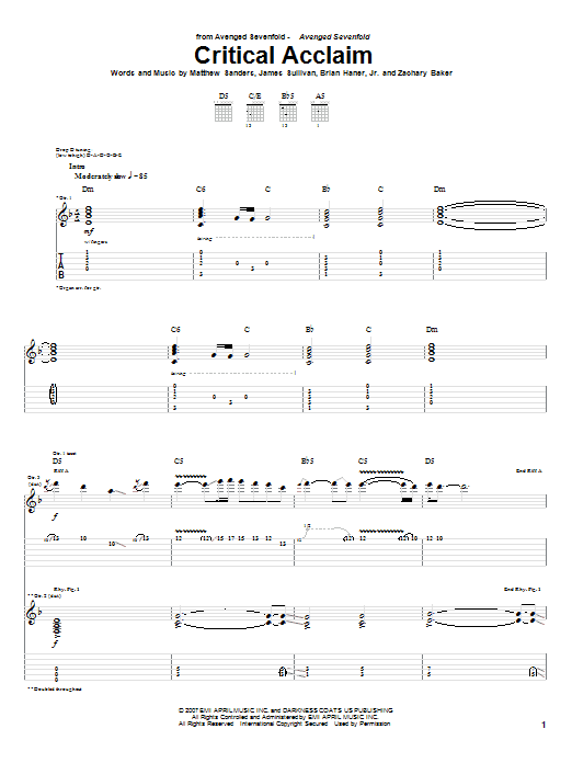 Avenged Sevenfold Critical Acclaim sheet music notes and chords arranged for Guitar Tab