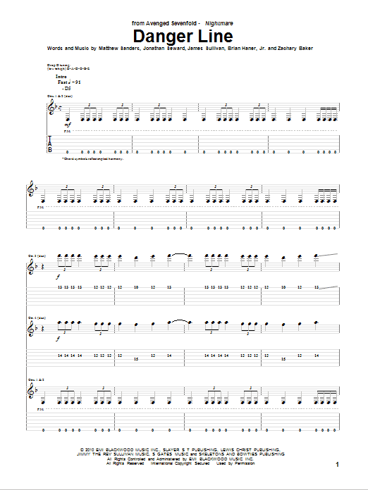 Avenged Sevenfold Danger Line sheet music notes and chords arranged for Guitar Tab