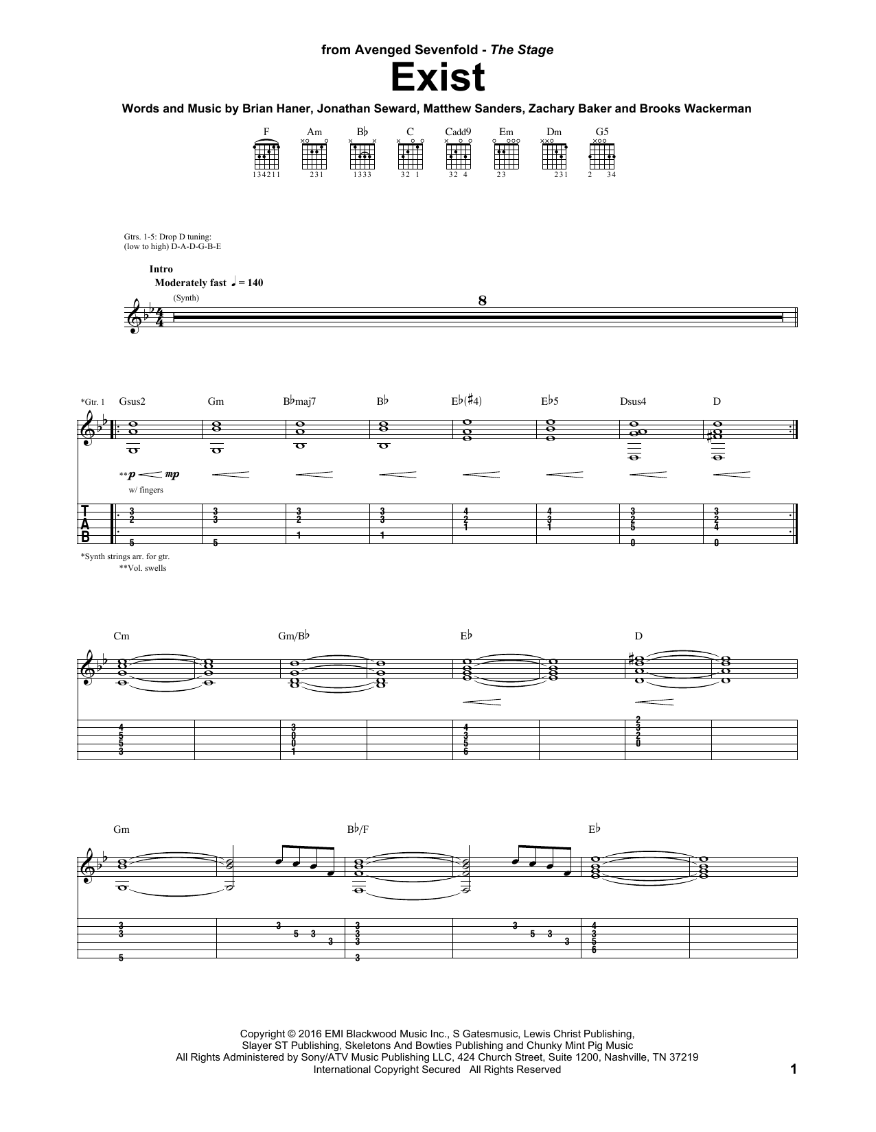 Avenged Sevenfold Exist sheet music notes and chords arranged for Guitar Tab