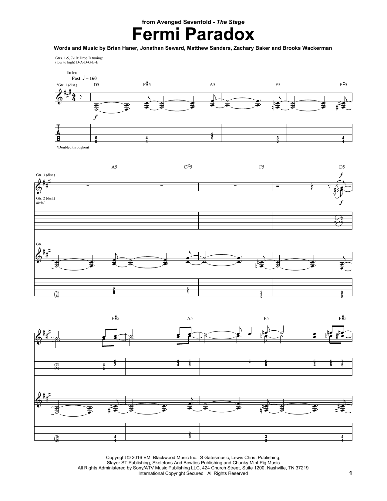 Avenged Sevenfold Fermi Paradox sheet music notes and chords arranged for Guitar Tab