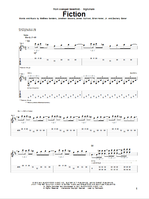 Avenged Sevenfold Fiction sheet music notes and chords arranged for Bass Guitar Tab