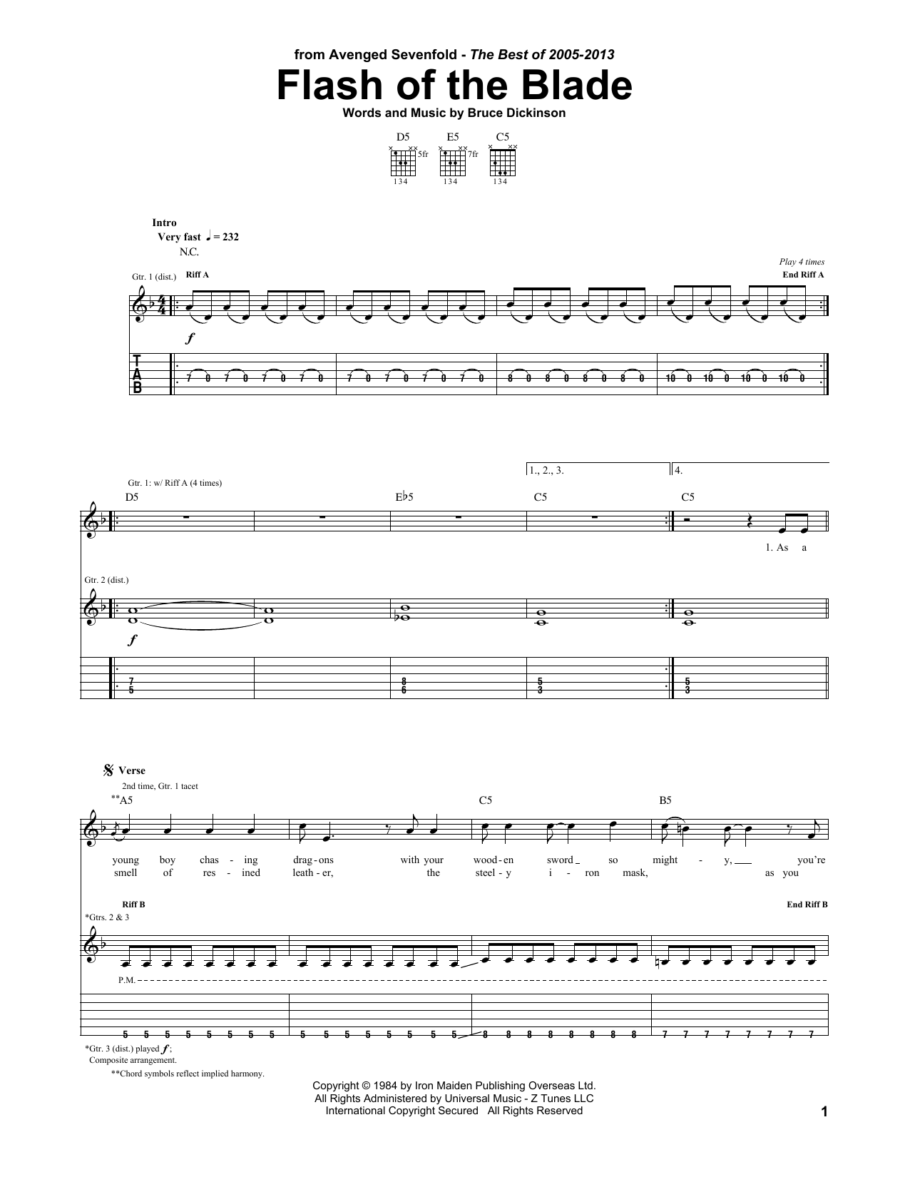Avenged Sevenfold Flash Of The Blade sheet music notes and chords arranged for Guitar Tab