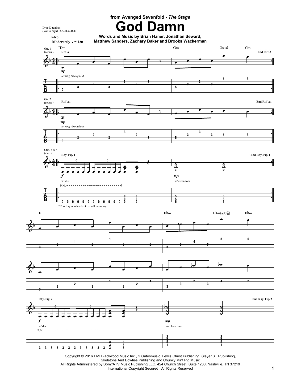 Avenged Sevenfold God Damn sheet music notes and chords arranged for Guitar Tab