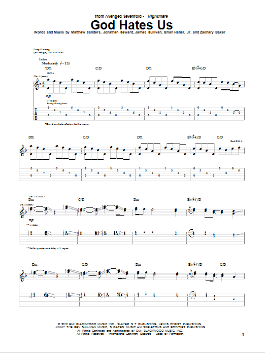 Avenged Sevenfold God Hates Us sheet music notes and chords arranged for Bass Guitar Tab