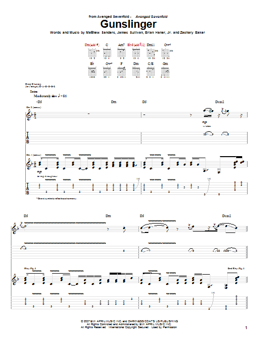 Avenged Sevenfold Gunslinger sheet music notes and chords arranged for Guitar Tab