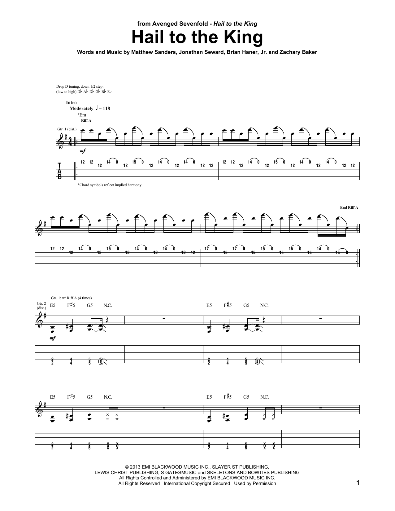 Avenged Sevenfold Hail To The King sheet music notes and chords arranged for Guitar Tab