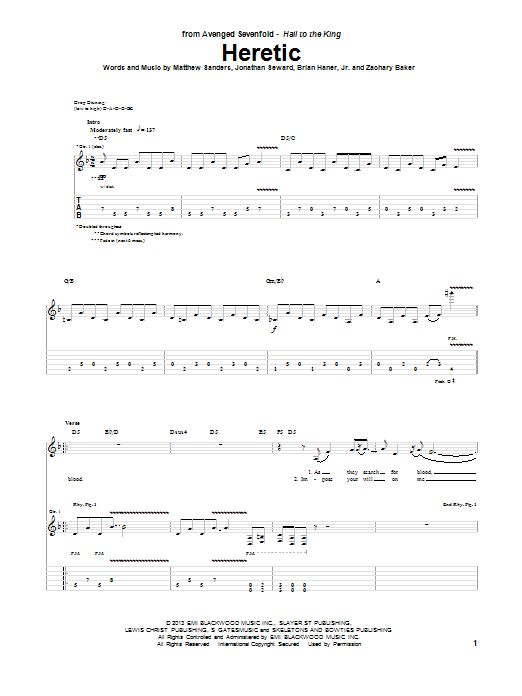 Avenged Sevenfold Heretic sheet music notes and chords arranged for Guitar Tab