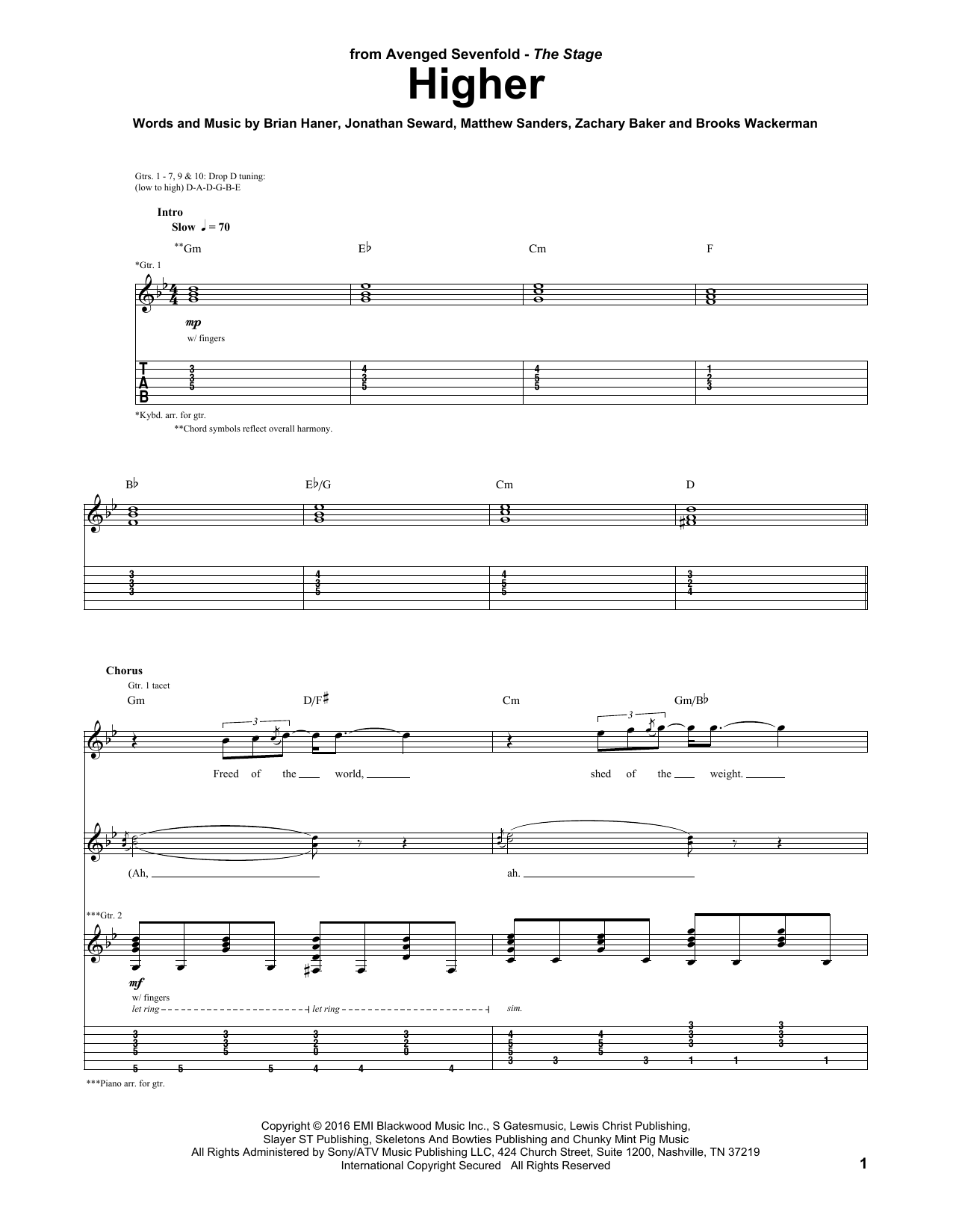 Avenged Sevenfold Higher sheet music notes and chords arranged for Guitar Tab