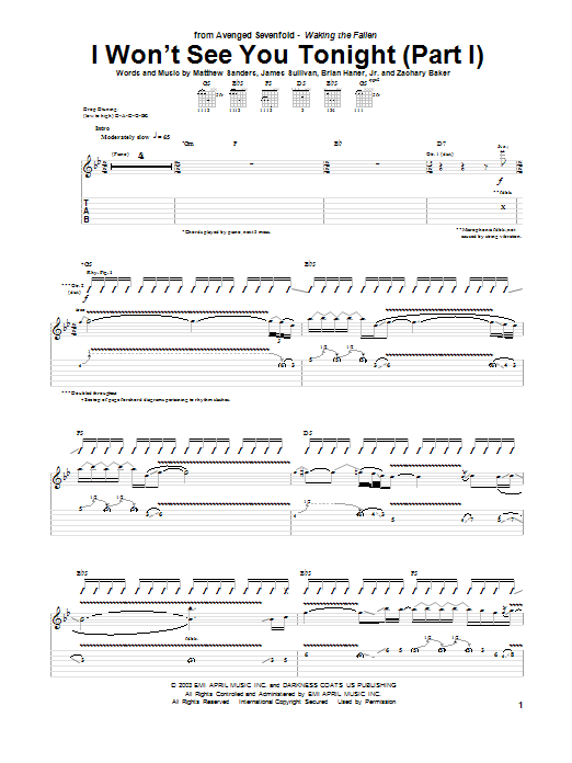 Avenged Sevenfold I Won't See You Tonight (Part I) sheet music notes and chords arranged for Guitar Tab
