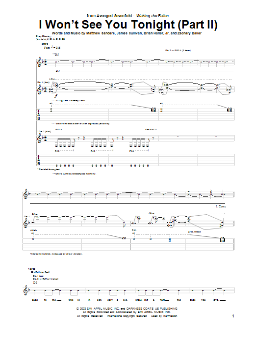 Avenged Sevenfold I Won't See You Tonight (Part II) sheet music notes and chords arranged for Guitar Tab