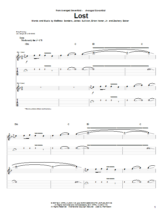 Avenged Sevenfold Lost sheet music notes and chords arranged for Guitar Tab