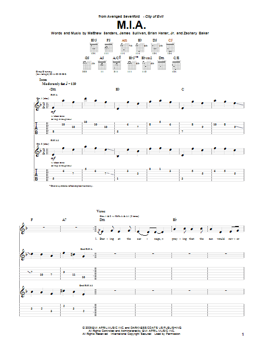 Avenged Sevenfold M.I.A. sheet music notes and chords arranged for Guitar Tab