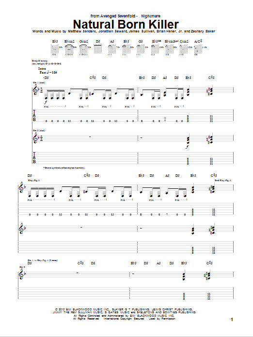 Avenged Sevenfold Natural Born Killer sheet music notes and chords arranged for Bass Guitar Tab
