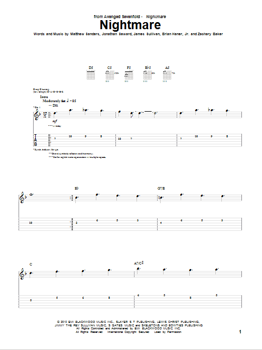 Avenged Sevenfold Nightmare sheet music notes and chords arranged for Bass Guitar Tab