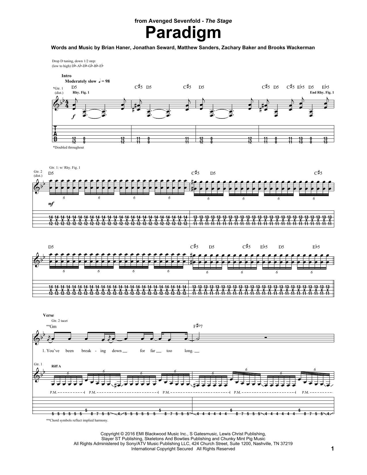 Avenged Sevenfold Paradigm sheet music notes and chords arranged for Guitar Tab