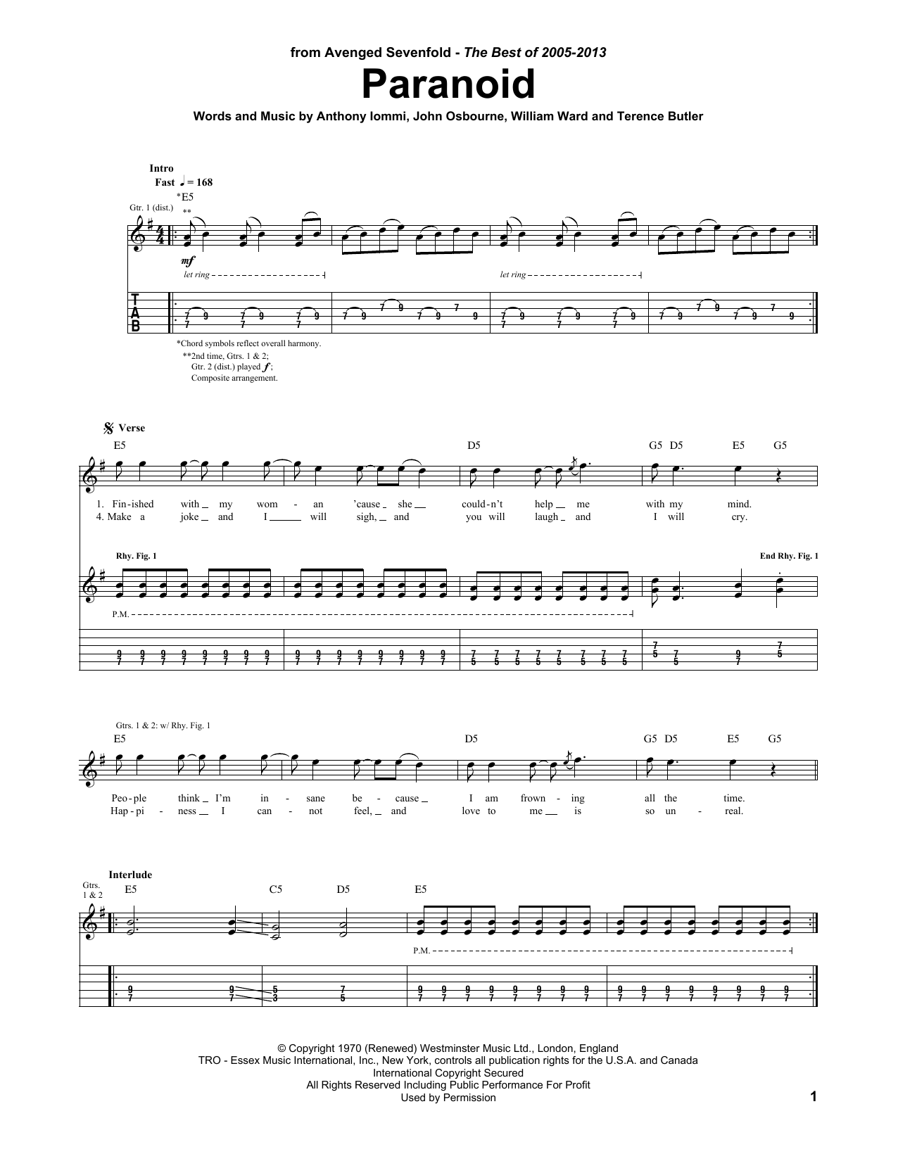 Avenged Sevenfold Paranoid sheet music notes and chords arranged for Guitar Tab