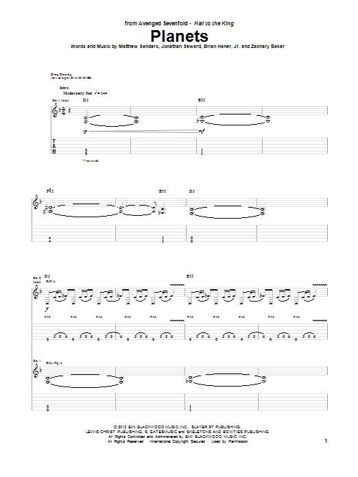 Avenged Sevenfold Planets sheet music notes and chords arranged for Guitar Tab
