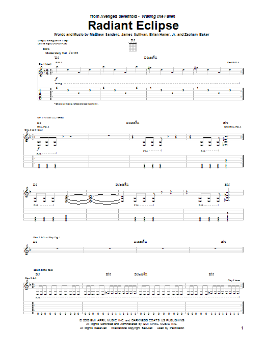 Avenged Sevenfold Radiant Eclipse sheet music notes and chords arranged for Guitar Tab
