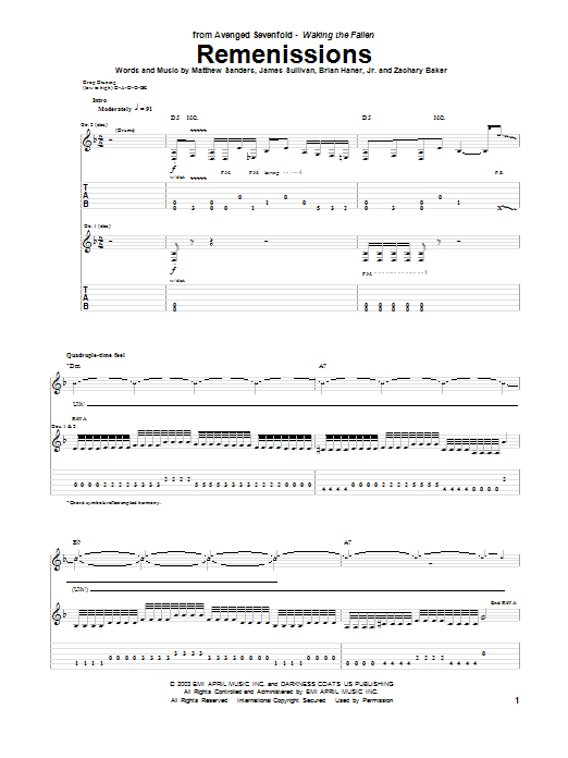 Avenged Sevenfold Remenissions sheet music notes and chords arranged for Guitar Tab