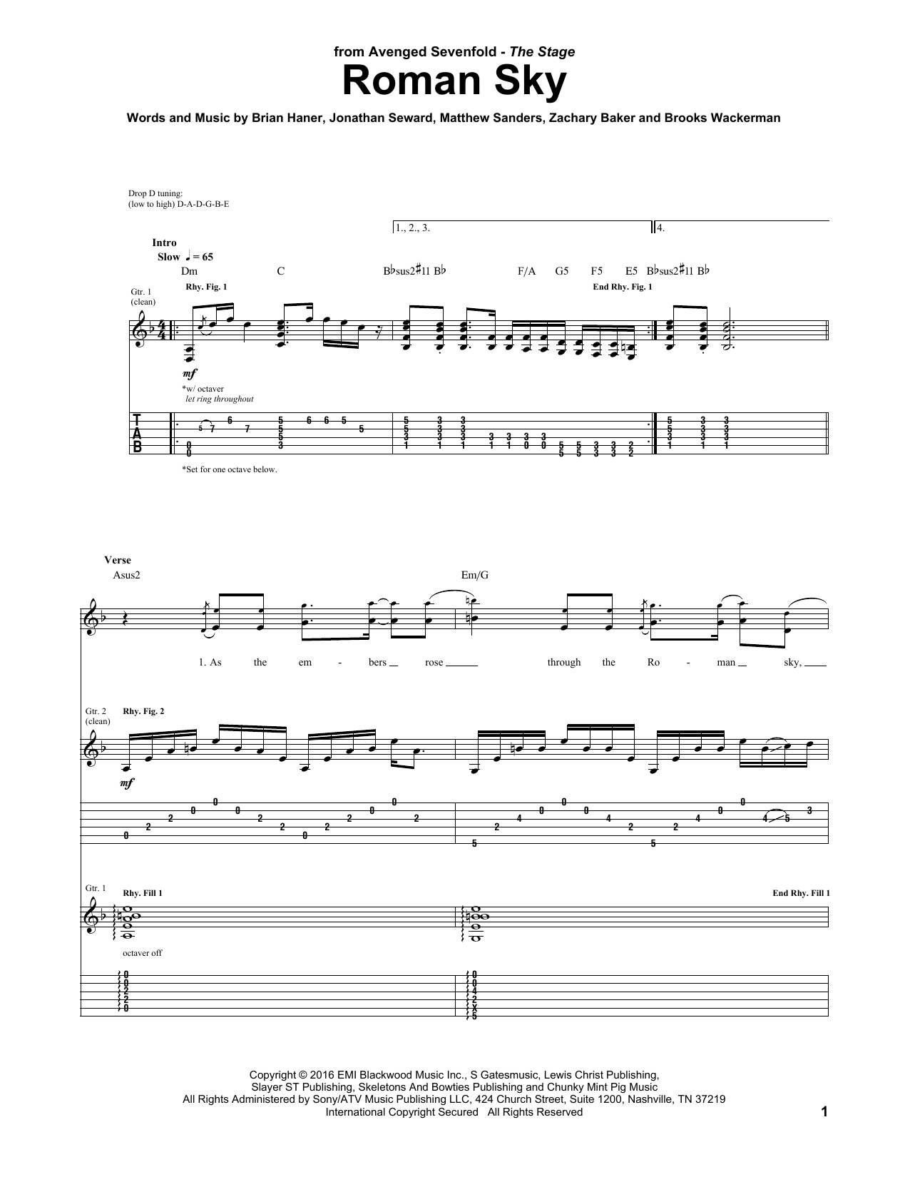 Avenged Sevenfold Roman Sky sheet music notes and chords arranged for Guitar Tab