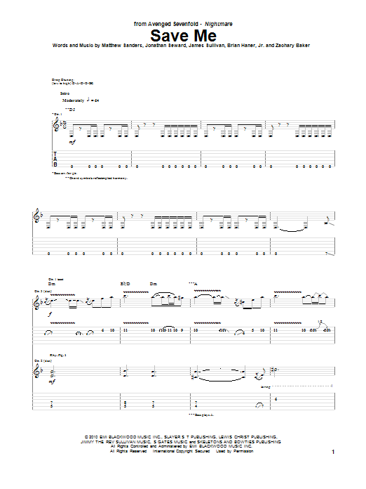 Avenged Sevenfold Save Me sheet music notes and chords arranged for Bass Guitar Tab