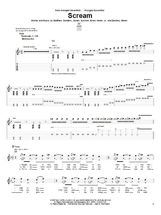 Avenged Sevenfold Scream sheet music notes and chords arranged for Guitar Tab (Single Guitar)