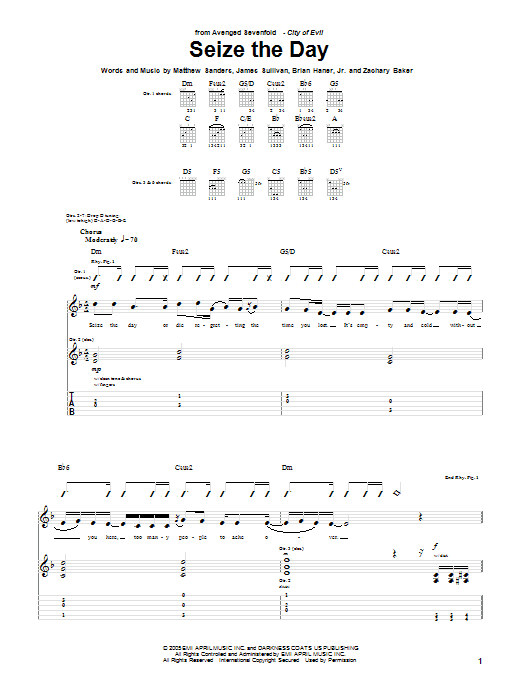 Avenged Sevenfold Seize The Day sheet music notes and chords arranged for Guitar Tab