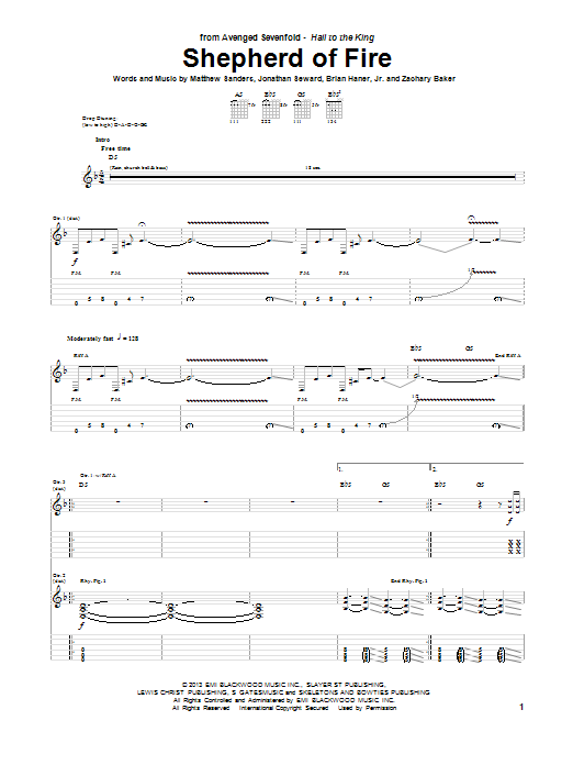 Avenged Sevenfold Shepherd Of Fire sheet music notes and chords arranged for Guitar Tab