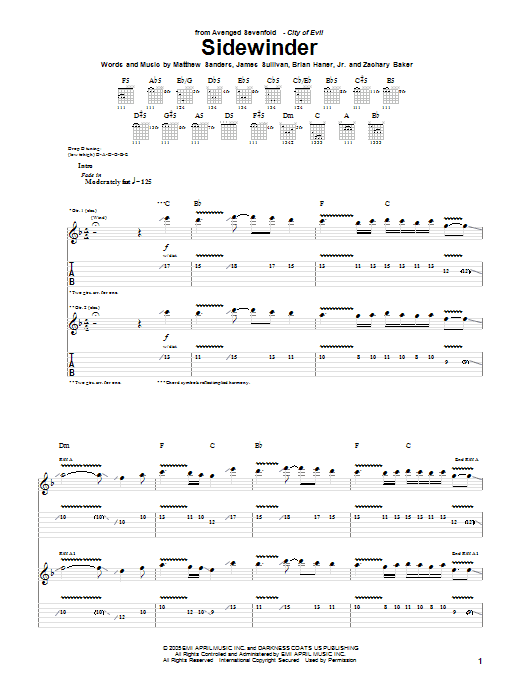 Avenged Sevenfold Sidewinder sheet music notes and chords arranged for Guitar Tab