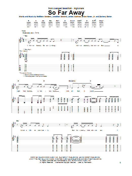 Avenged Sevenfold So Far Away sheet music notes and chords arranged for Bass Guitar Tab