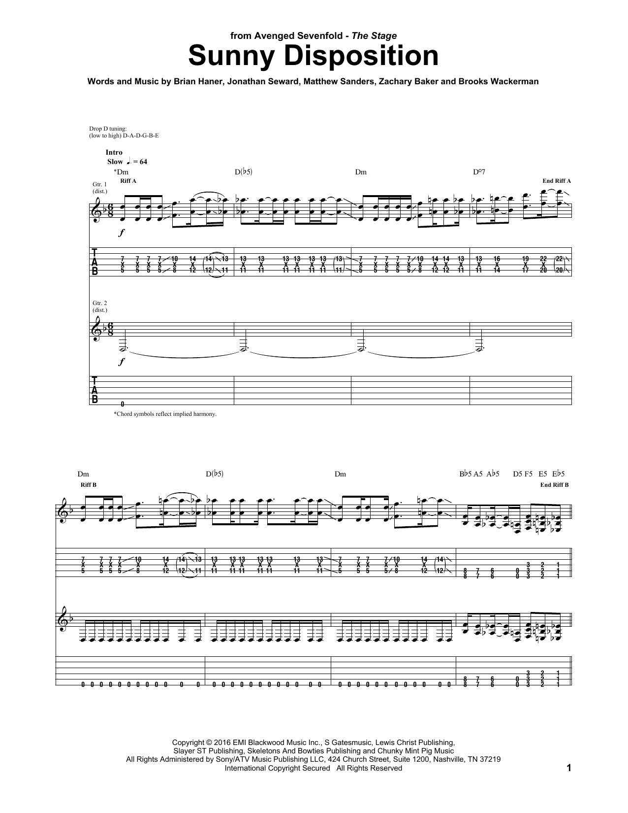Avenged Sevenfold Sunny Disposition sheet music notes and chords arranged for Guitar Tab