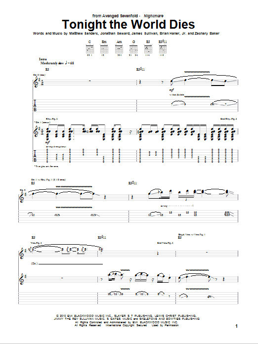 Avenged Sevenfold Tonight The World Dies sheet music notes and chords arranged for Bass Guitar Tab