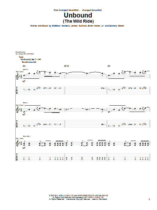 Avenged Sevenfold Unbound (The Wild Ride) sheet music notes and chords arranged for Guitar Tab