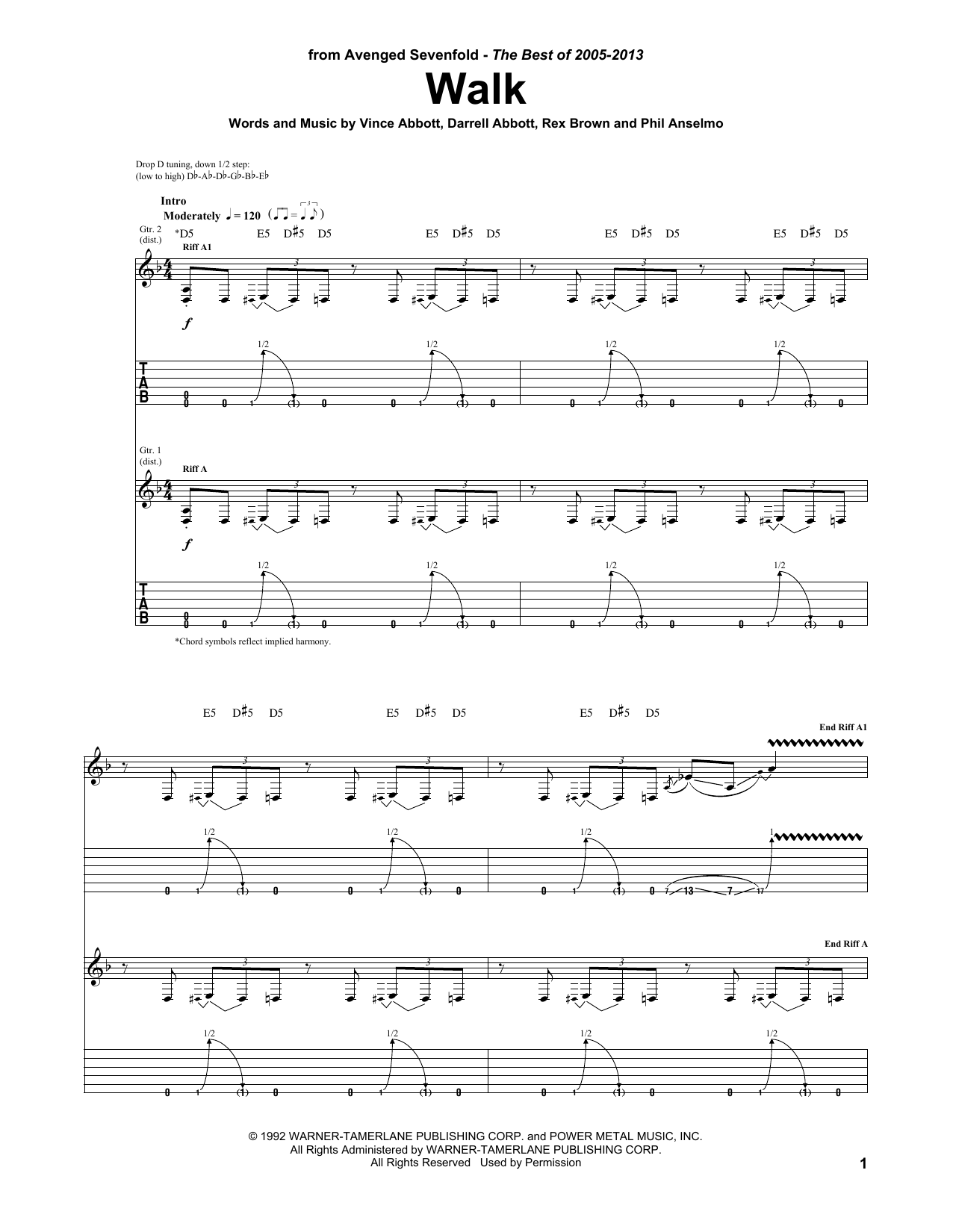 Avenged Sevenfold Walk sheet music notes and chords arranged for Guitar Tab