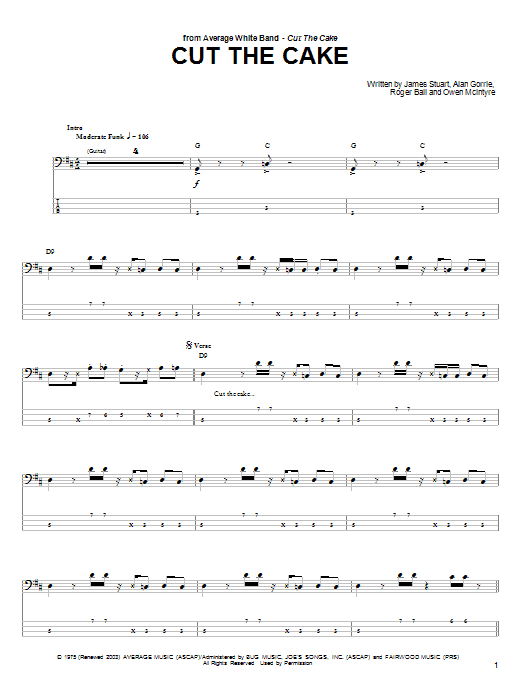 Average White Band Cut The Cake sheet music notes and chords arranged for Bass Guitar Tab
