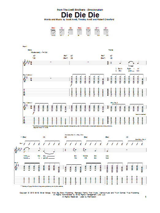Avett Brothers Die Die Die sheet music notes and chords arranged for Guitar Tab