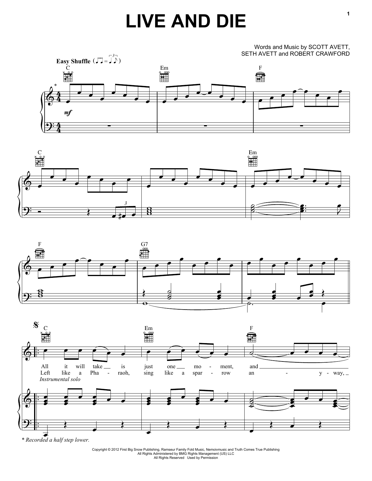 Avett Brothers Live And Die sheet music notes and chords arranged for Piano, Vocal & Guitar Chords (Right-Hand Melody)