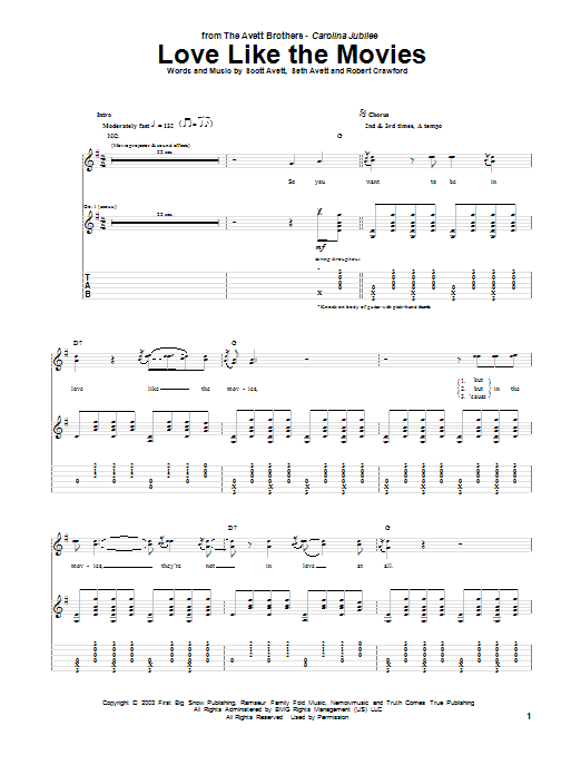 Avett Brothers Love Like The Movies sheet music notes and chords arranged for Guitar Tab