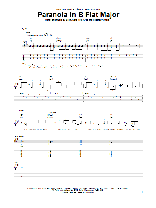 Avett Brothers Paranoia In B Flat Major sheet music notes and chords arranged for Guitar Tab