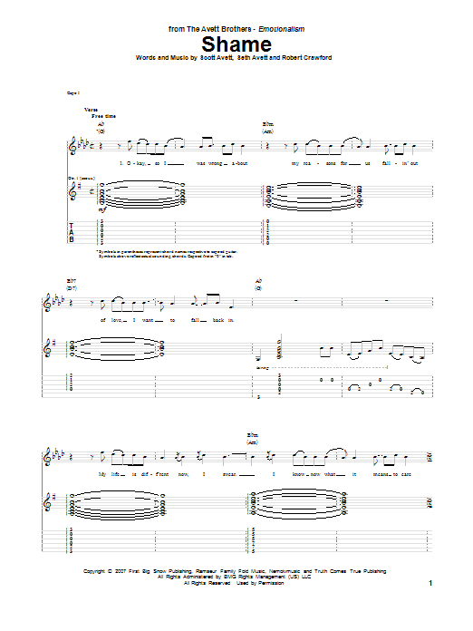 Avett Brothers Shame sheet music notes and chords arranged for Guitar Tab