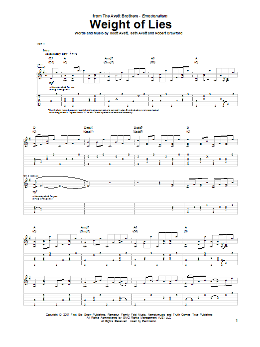 Avett Brothers Weight Of Lies sheet music notes and chords arranged for Guitar Tab