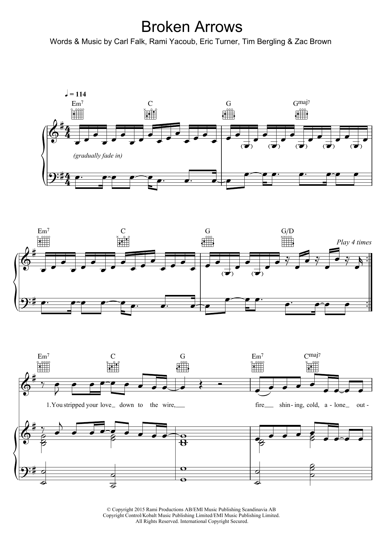 Avicii Broken Arrows sheet music notes and chords arranged for Piano, Vocal & Guitar Chords